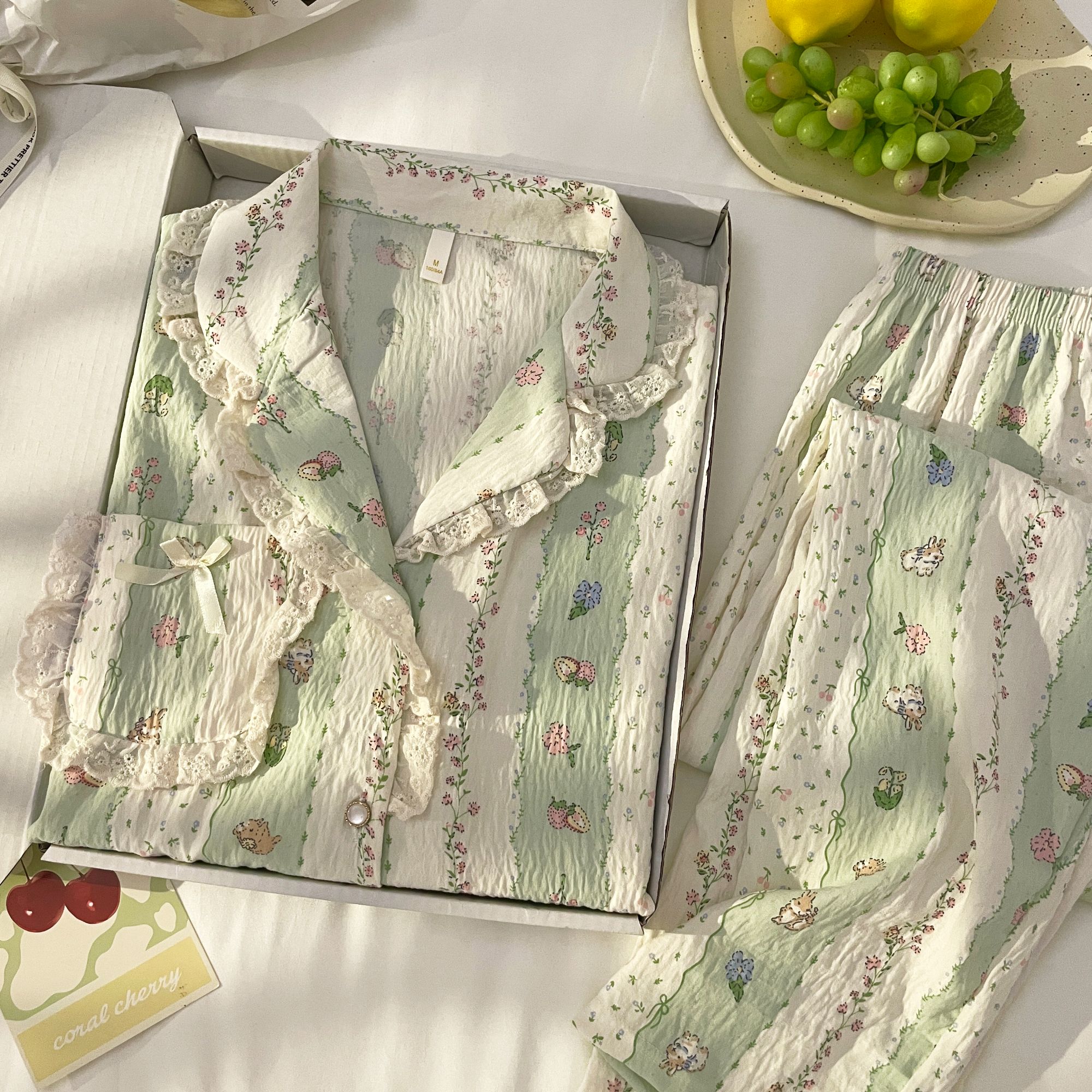 【条纹花朵】春秋季开衫长袖睡衣女甜美可爱卡通家居服套装11331