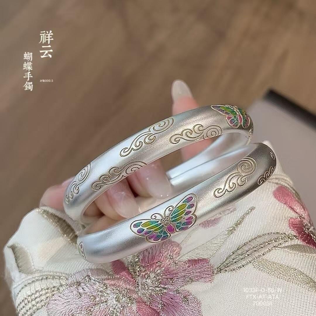 足银珐琅手镯 描金珐琅蝴蝶手镯手工时尚
