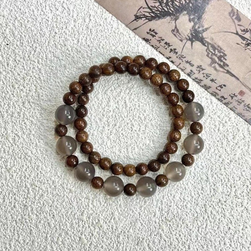 九华 · 金丝檀木灰玛瑙双圈手串