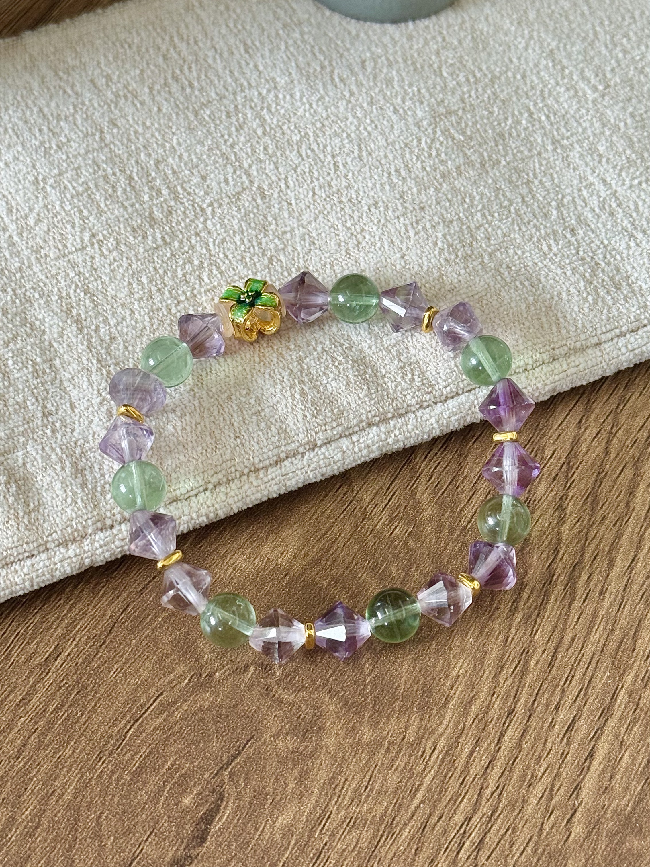  「翠紫灵韵」手工设计款叠戴时尚萤石足金手链文玩百搭配饰手串