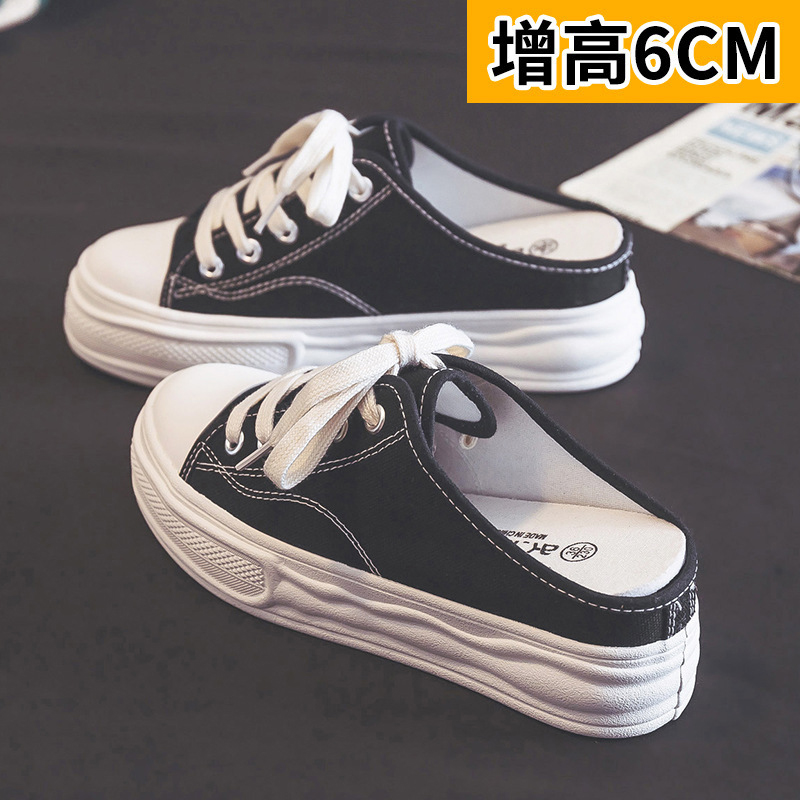 【内增高 6厘米】厚底帆布鞋新款2025夏季爆款松糕鞋半拖小个子女鞋
