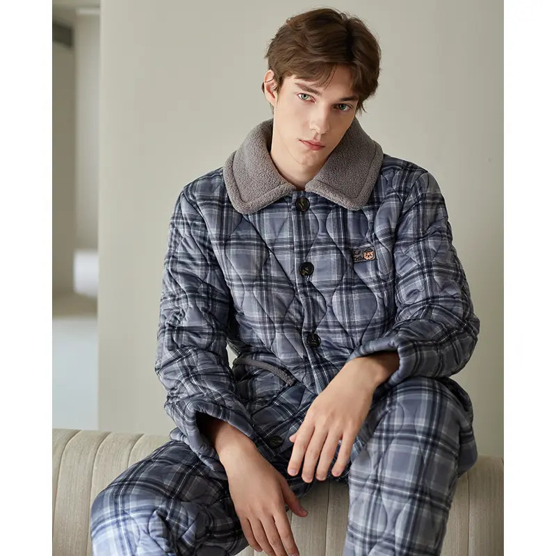 芬腾冬季男士珊瑚绒睡衣三层加厚夹棉套装男款抗静电加大码家居服