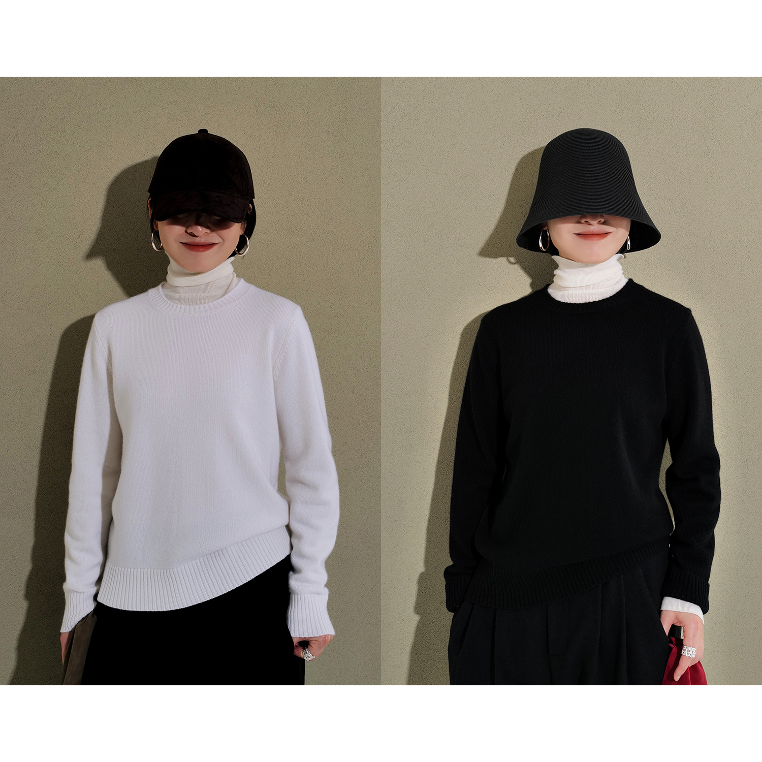 “康赛妮"360克重磅羊绒 黑白9针密织基础厚实毛衣女针织衫195504