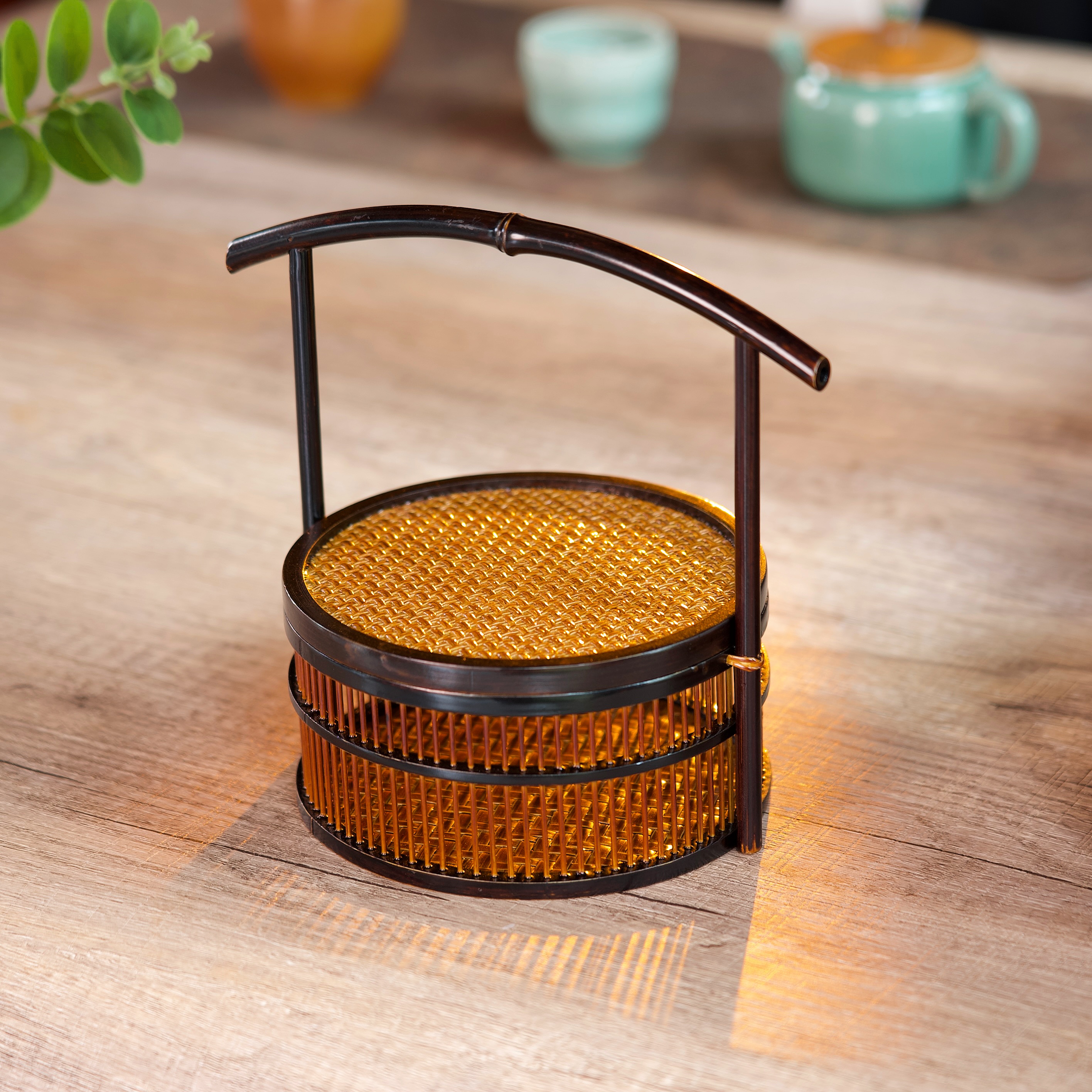 新款带把手单层镂空收纳盒圆形复古竹编提篮带盖食盒便携纯手工
