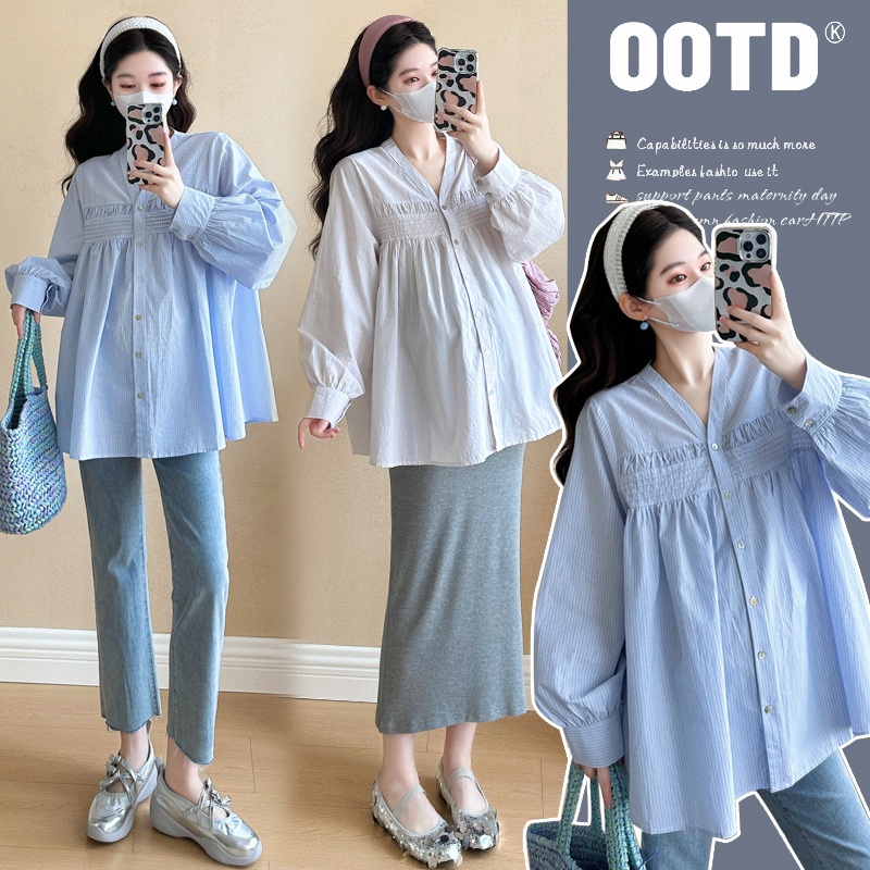 2025春季时尚V领褶皱孕妈衬衫设计感条纹长袖衬衣百搭遮肉上衣潮