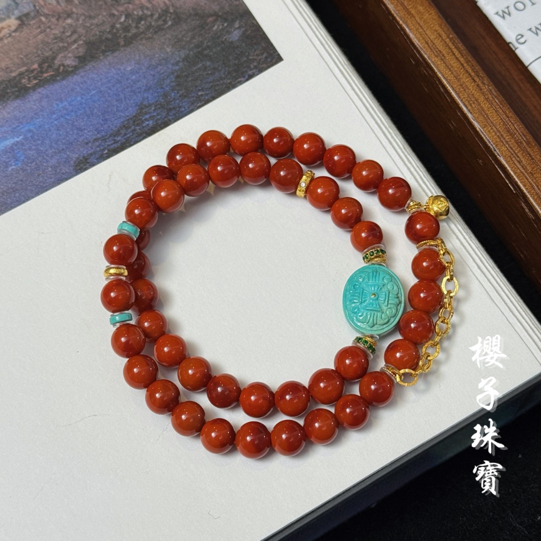 樱子 | 顾盼 18K金绿松原矿南红时尚设计百搭双圈手串*YZNHS3381