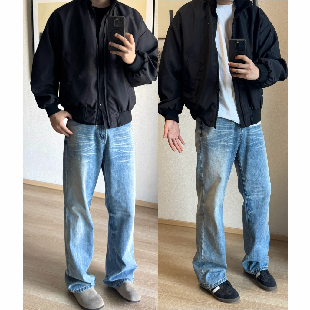 美式复古水洗蓝色直筒牛仔裤宽松男休闲百搭冰蓝阔腿拖地长裤男士