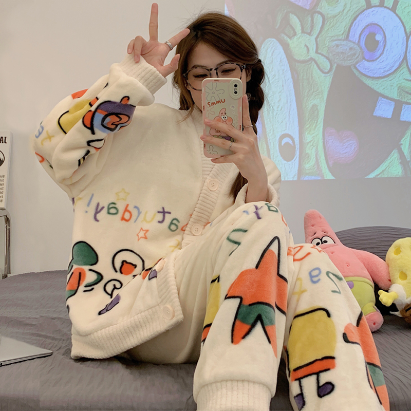 秋冬季法兰绒睡衣女可爱少女加厚加绒保暖冬款珊瑚绒套装家居服