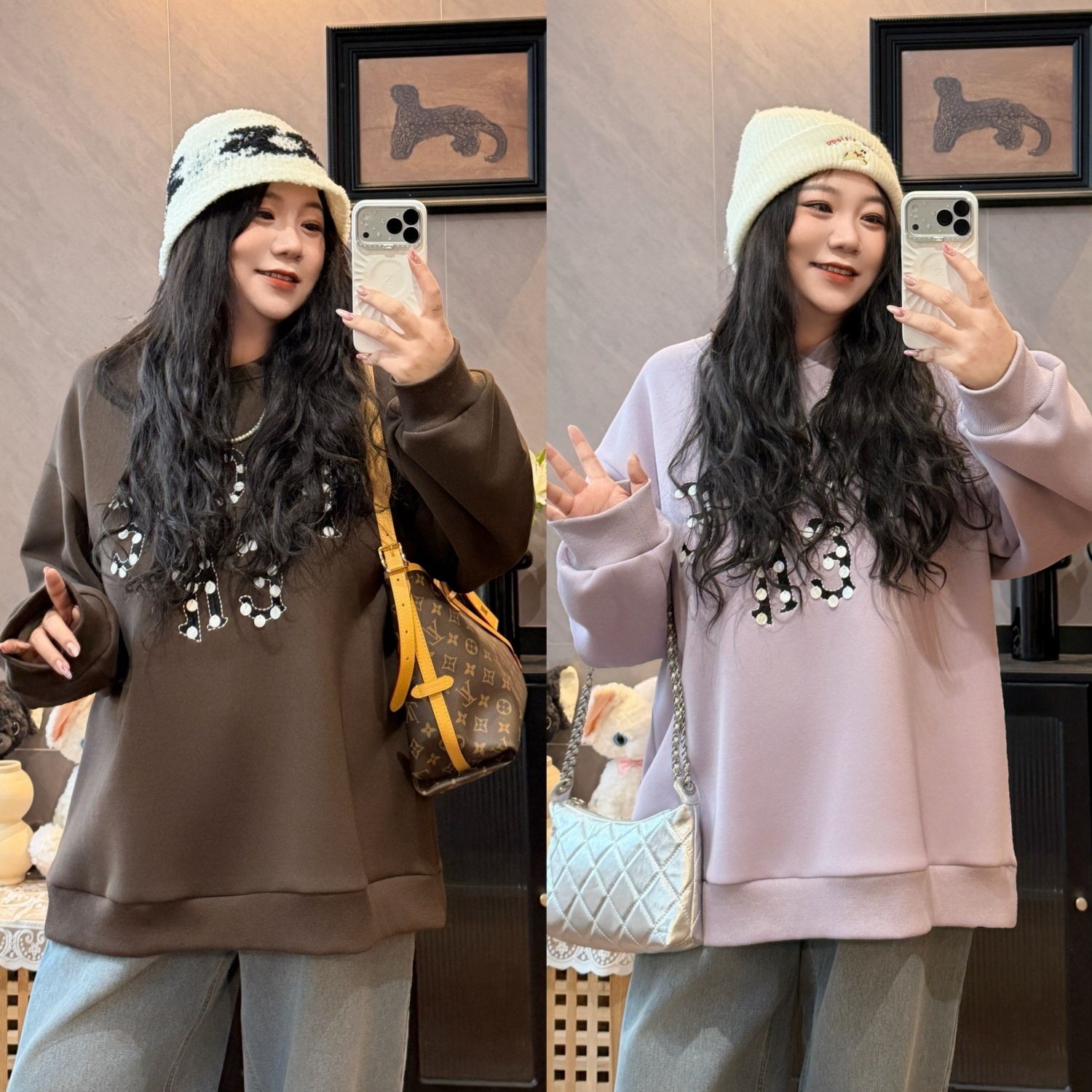 花契“樱粉奶糕”大码女装冬季宽松200斤胖mm提花加绒卫衣16312-H