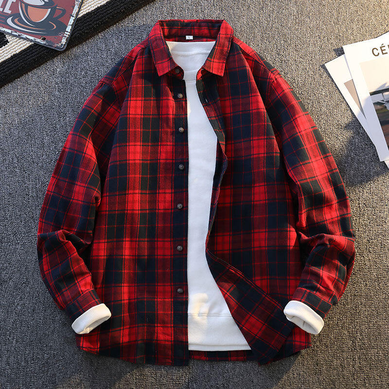 2025春季休闲纯棉港风撞色格子长袖衬衫男士复古痞帅舒适外搭C578