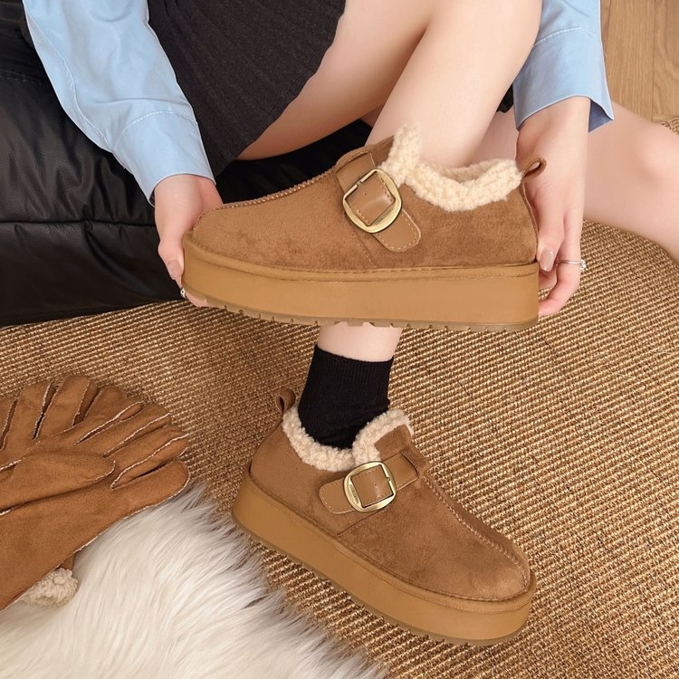 炸街勃肯鞋女冬季新款加绒保暖厚底增高毛毛鞋一脚蹬乐福鞋棉鞋