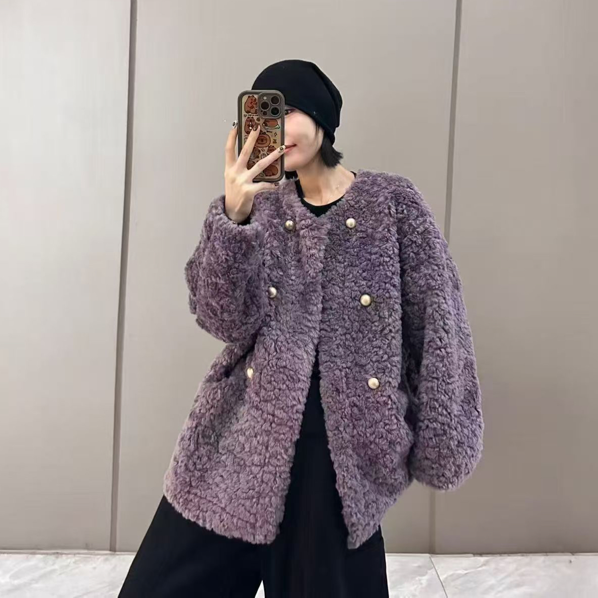 秋冬新款韩系宽松显瘦羊羔毛圆领加厚保暖毛毛外套女