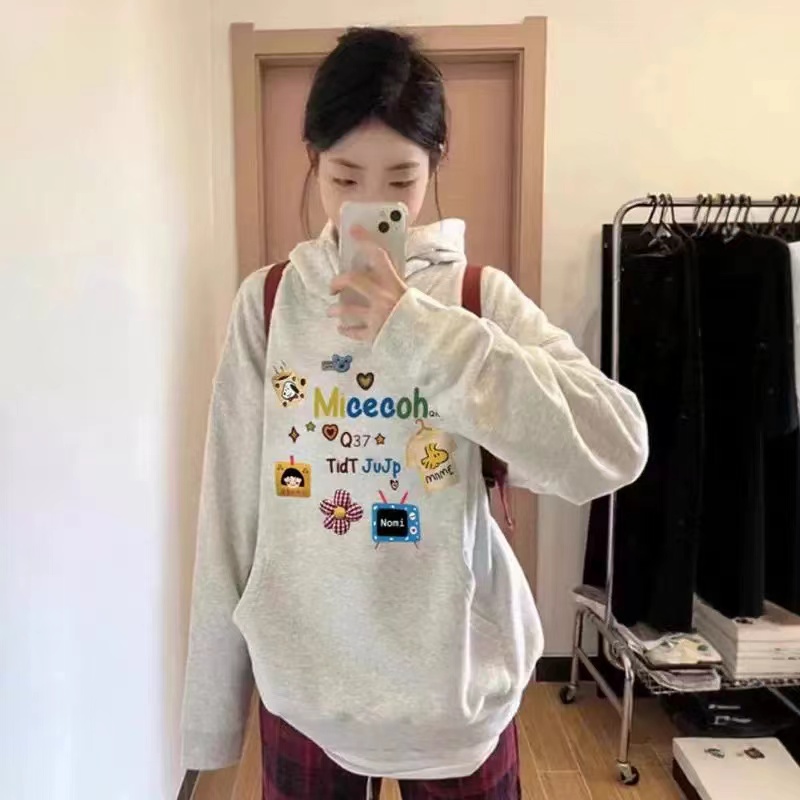 welcome小花情侣印花落肩男女同款圆领连帽加绒卫衣秋冬爆款上衣