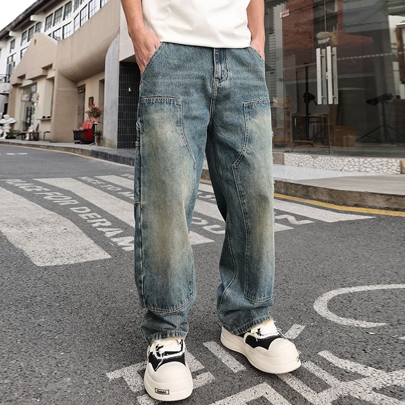 2025秋冬季美式弯刀休闲新款做旧宽松阔腿直筒多口袋拼接牛仔裤男