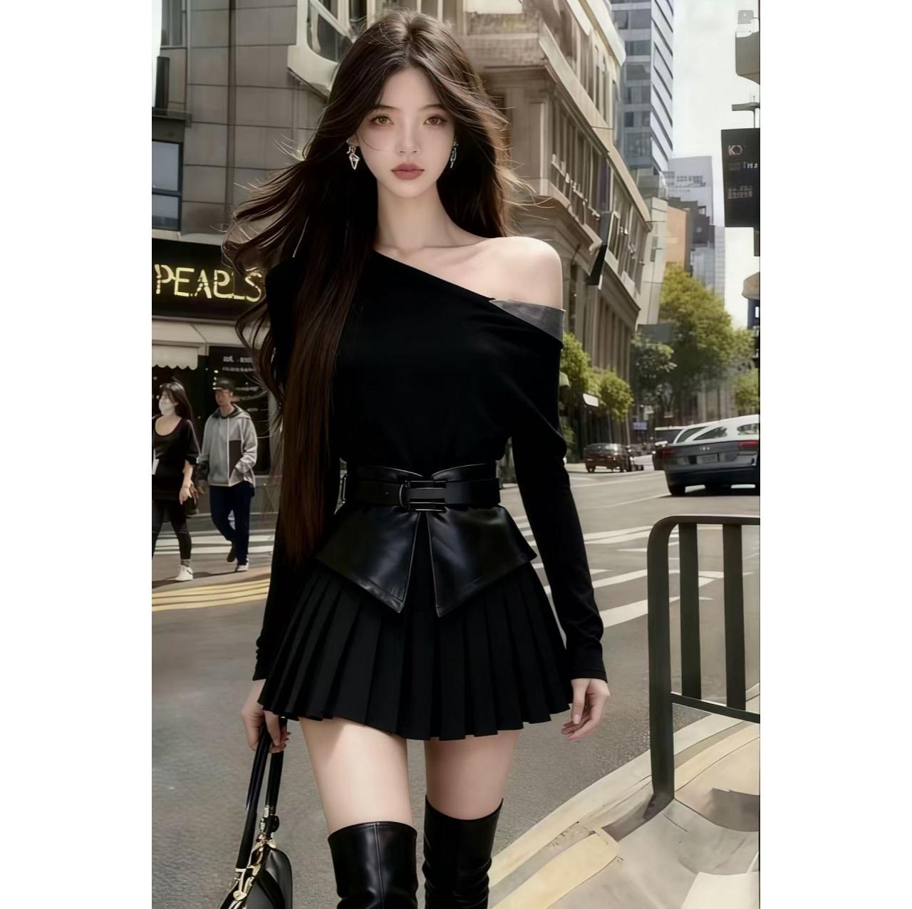 静奢高级氛围感休闲通勤黑色斜领露肩长袖收腰系带百褶连衣裙女