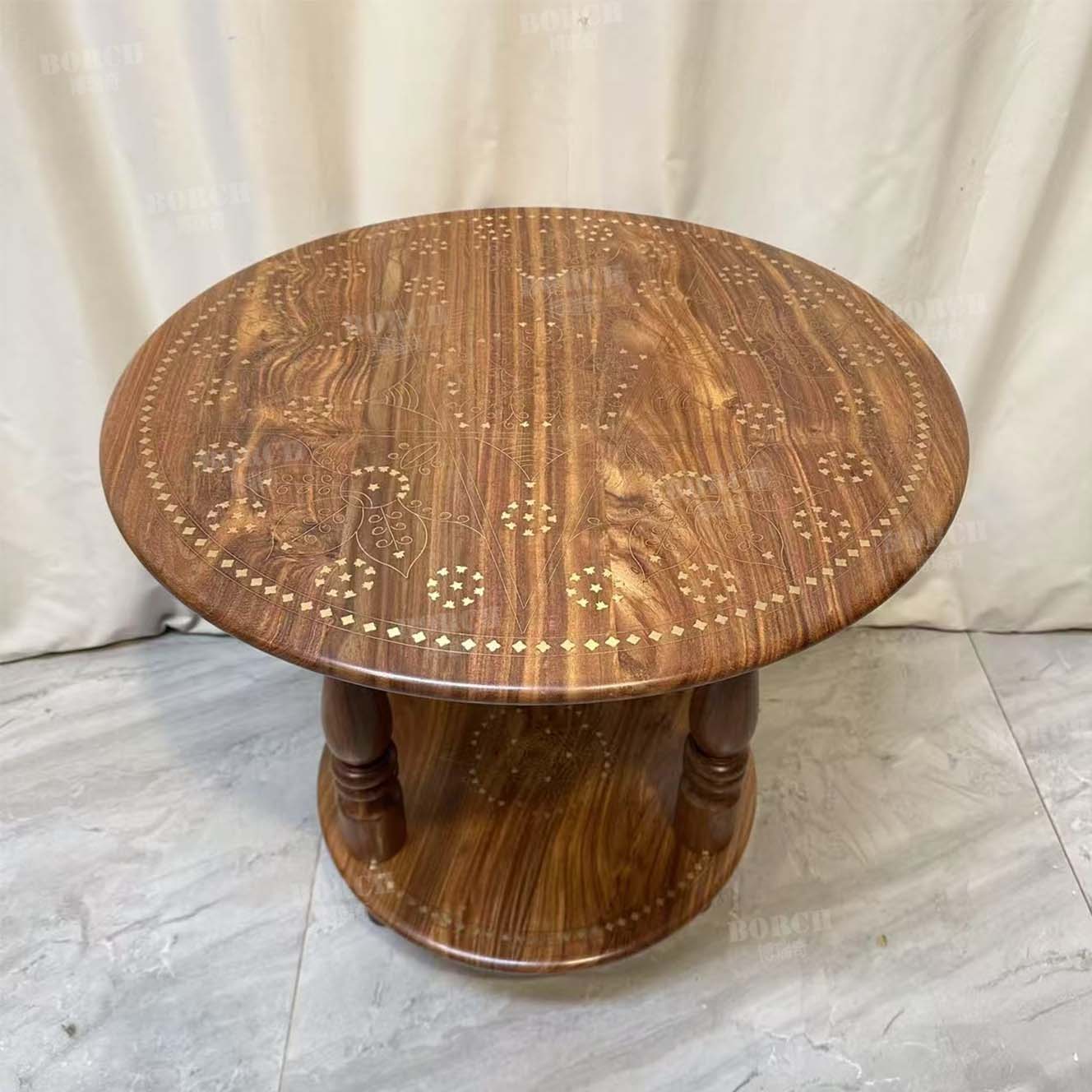 BORCH/博瑞奇黄檀木双层雕花嵌铜圆形咖啡桌茶几（09405）