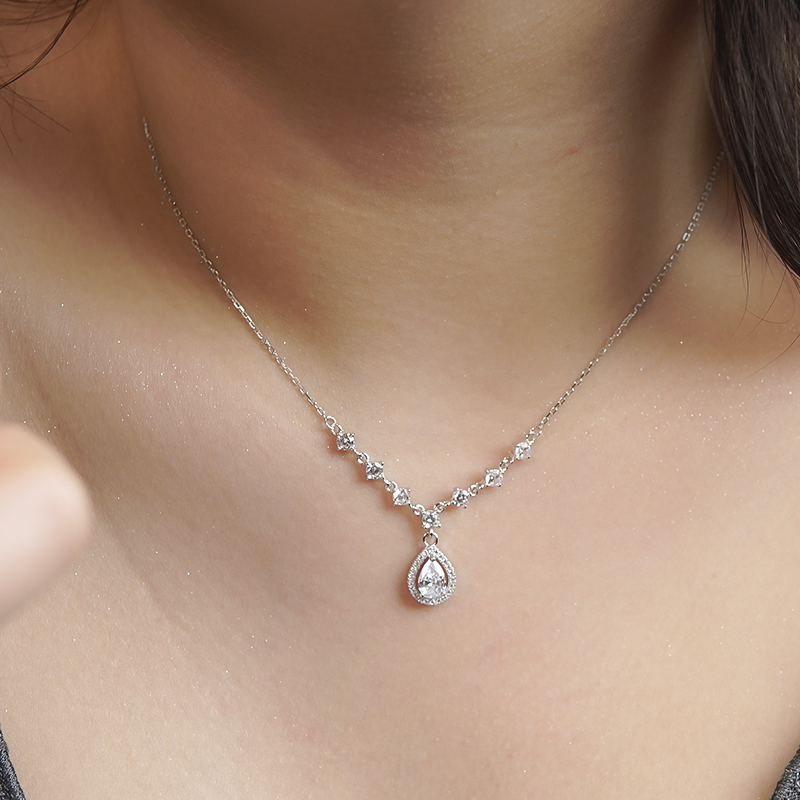 坠链均925银合成锆石 【天使之泪】满钻满镶水滴银项链--ZY40174
