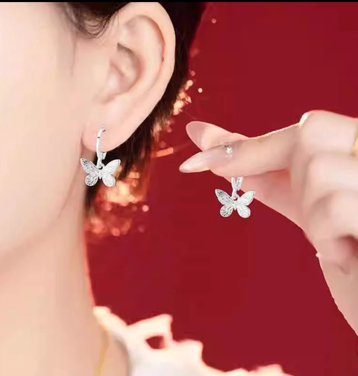 足银耳饰 足银990银立体福气满满蝴蝶耳扣0330