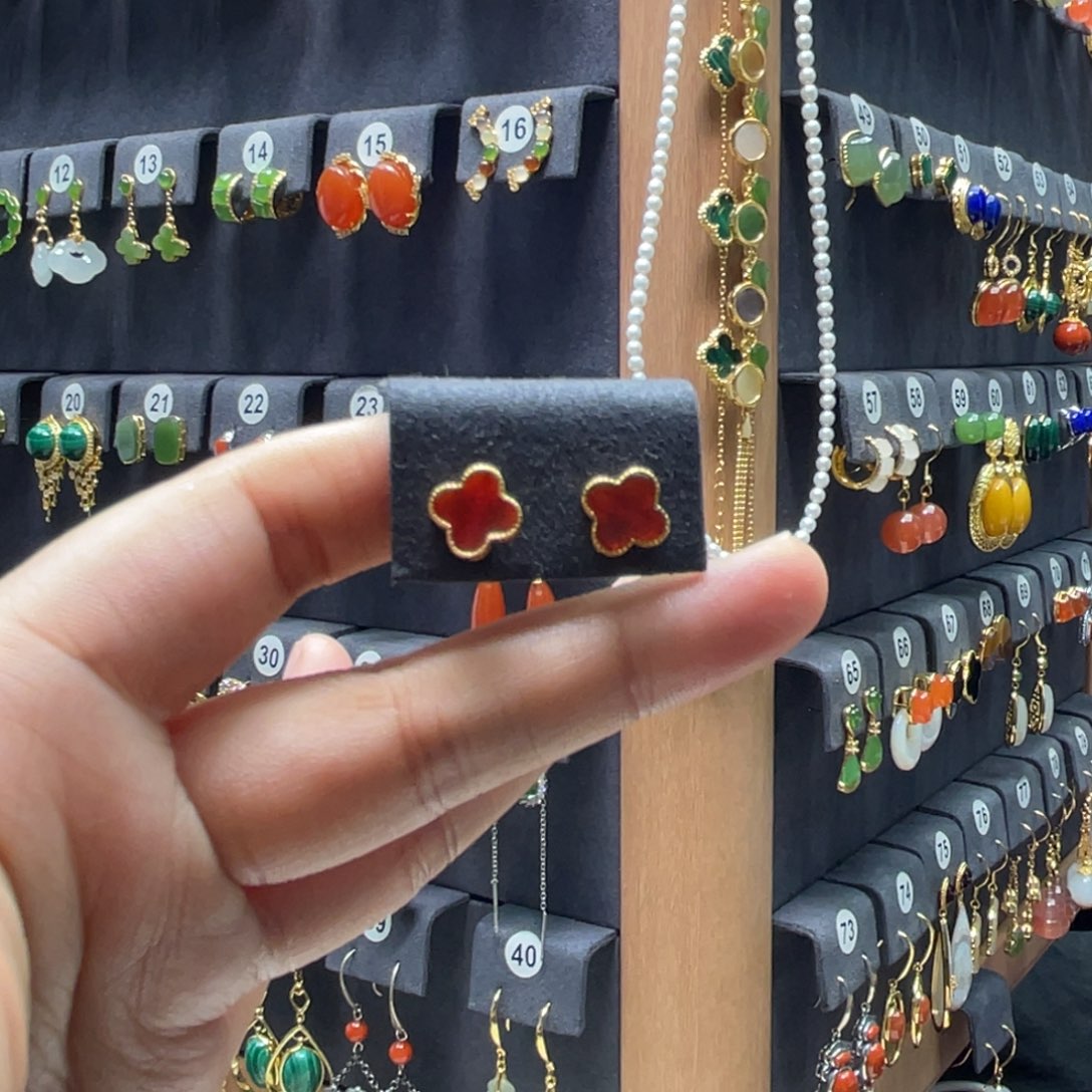 玛瑙/玉髓银S925镶嵌耳钉02号四叶草小