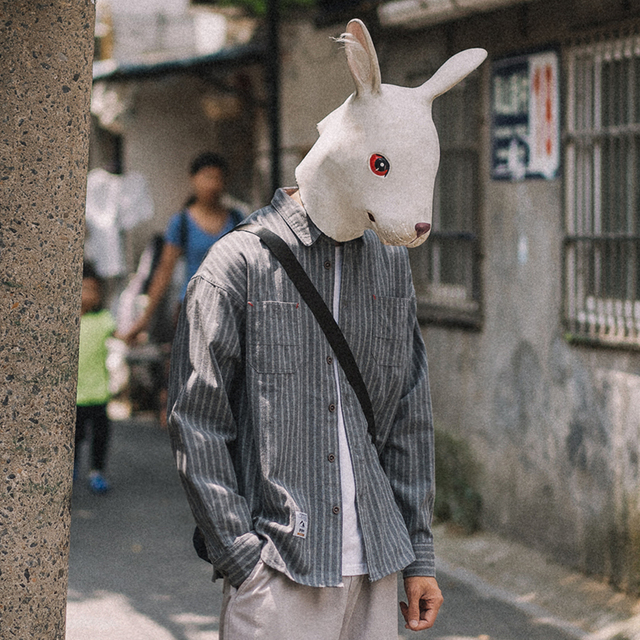 兔先森春秋季复古潮流条纹长袖衬衫男士宽松衬衣外套休闲帅气上衣