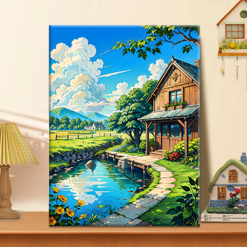 屋前风景 diy数字油画2025新款丙烯画手工填充填色治愈系丙烯画