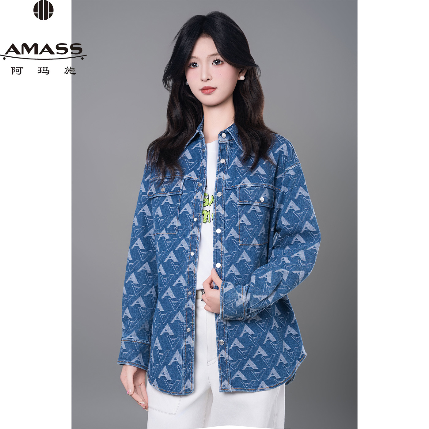 AMASS/阿玛施早春新款时尚经典复古百搭休闲印花牛仔衬衫 5300971