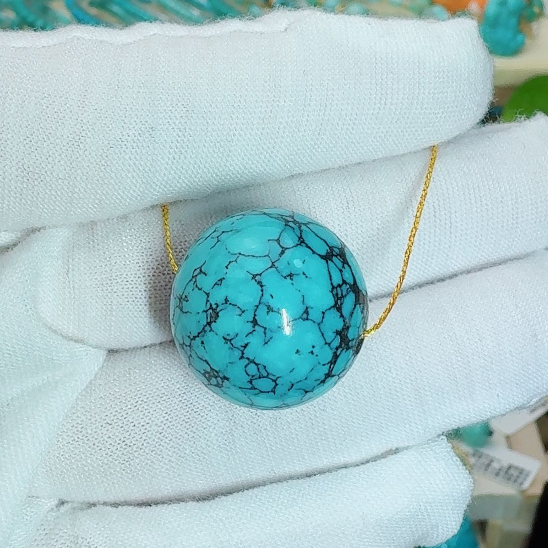 绿松石未镶嵌珠宝奇石高瓷蓝网花圆珠