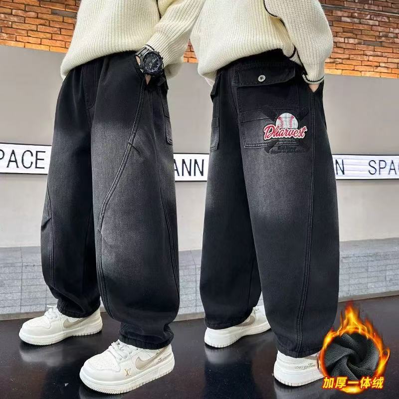 201304童装男童加绒牛仔裤2025冬季韩版潮酷时尚加绒加厚牛仔裤潮