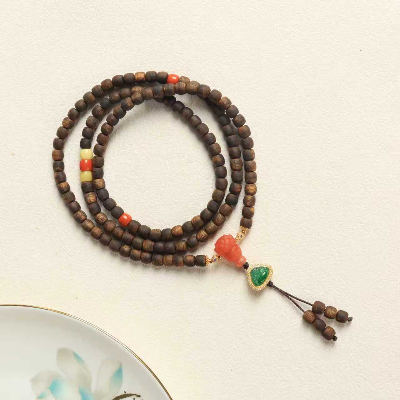 沉香老型直切设计款翡翠沉香紫棋佛珠手串 5mm