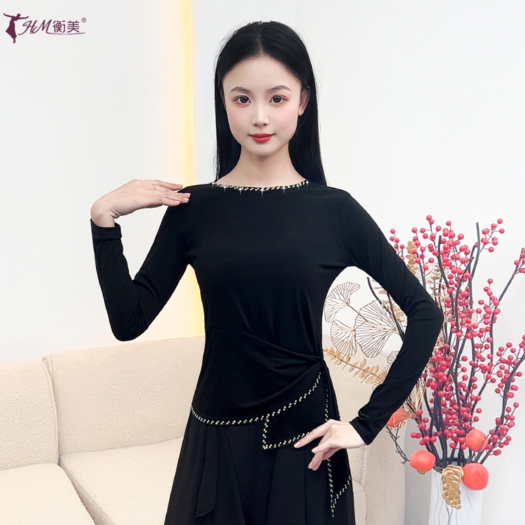 新款秋冬季古典舞练功服时尚烫钻舒适圆领成人上衣绑带式现代舞服