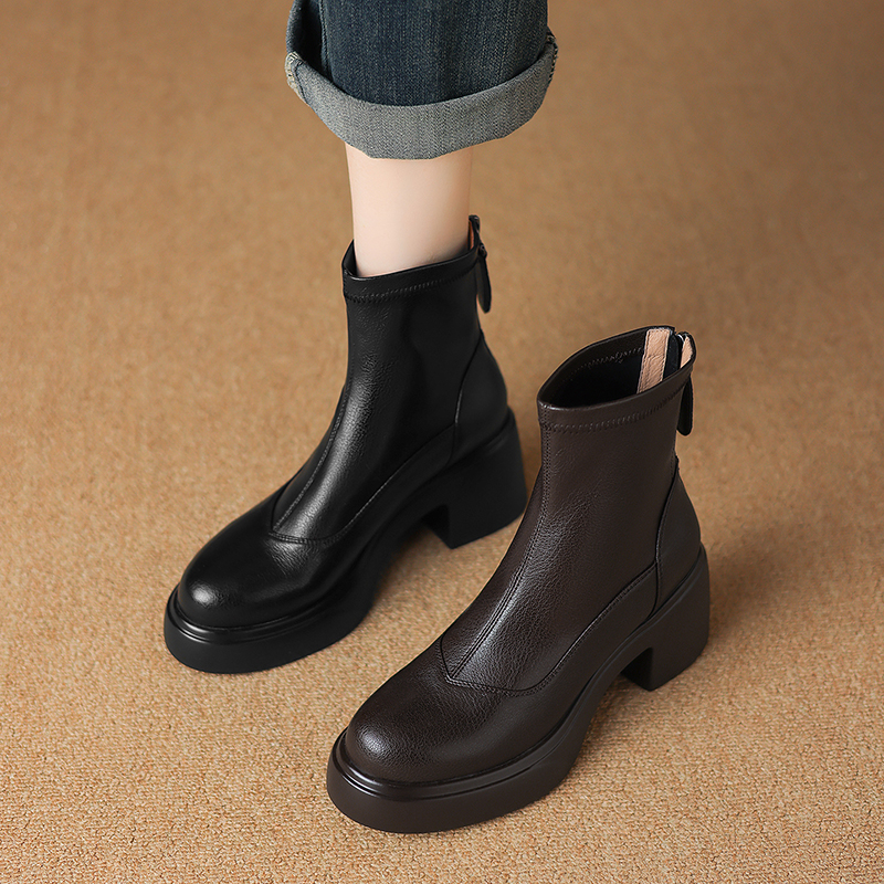 跟7cm/牛皮/2025秋冬新款弹力短靴简约百搭舒适粗跟圆头女鞋2882