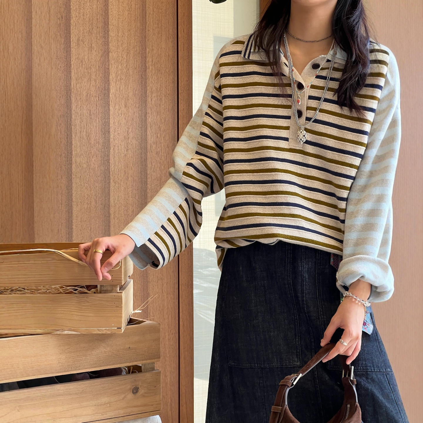 现货【IC条纹AB面针织衫】设计师女装横条POLO衫双层翻领拼接长袖
