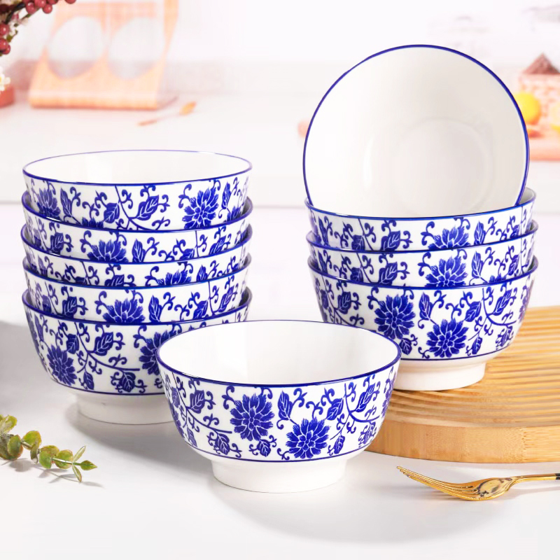 10只装5英寸家用陶瓷米饭碗青花瓷陶瓷吃饭饭碗粥碗创意中式