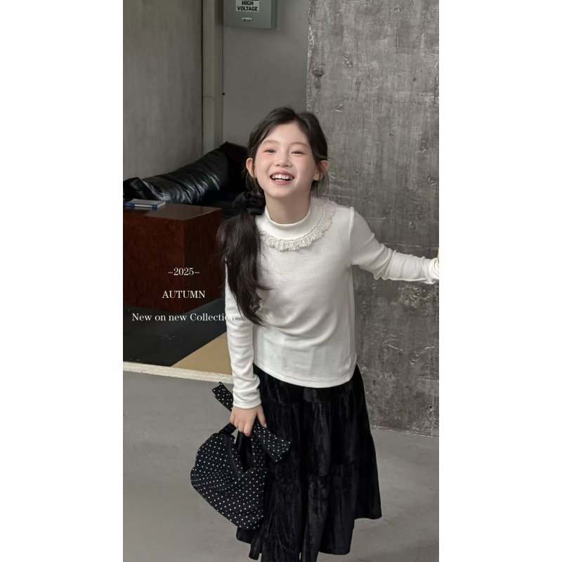 女童德绒打底衫秋冬花边内搭打底衣儿童冬装半高领上衣冬季加厚