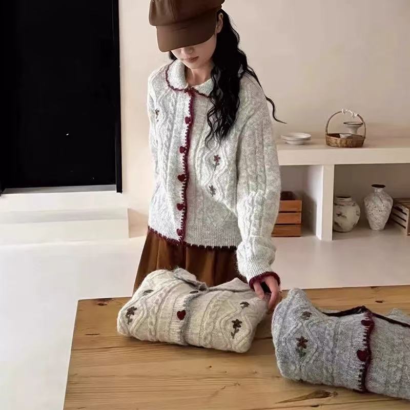 女秋冬季休闲风慵懒风针织毛针织衫通勤秋季娃娃领129