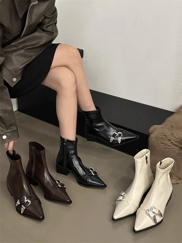 创意屋~网红同款尖头短靴女欧美2025秋冬新款瘦瘦靴拉链马丁靴女~