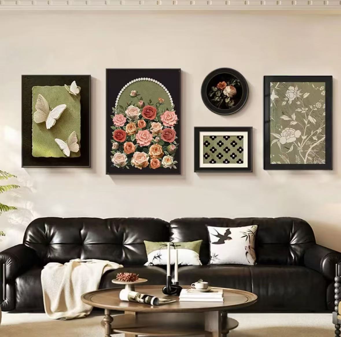 LHJ082法式风客厅蝴蝶玫瑰组合沙发背景墙小众高级感装饰画