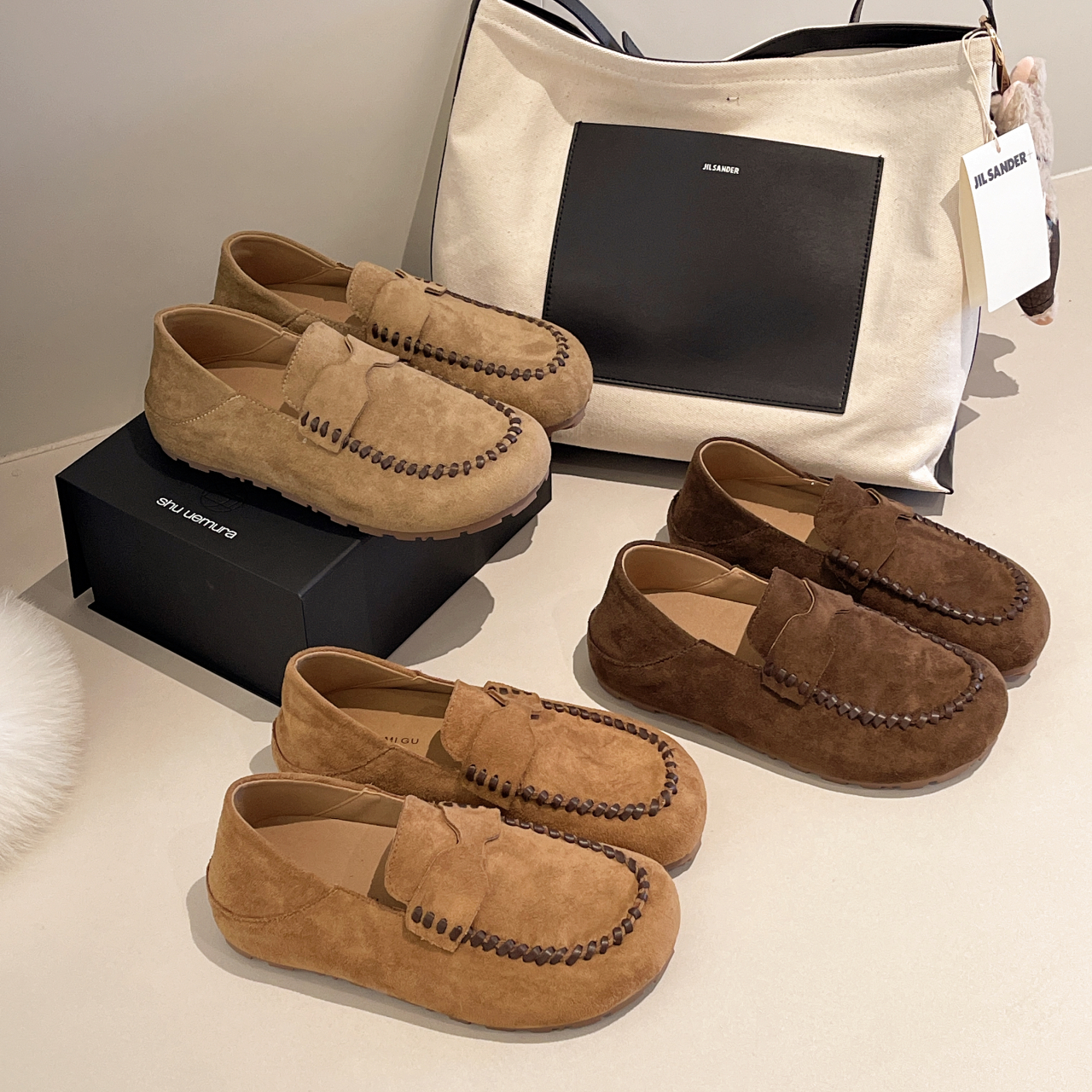 软底乐福鞋秋冬绒面舒适极简风小皮鞋休闲风豆豆鞋平底女手工缝线