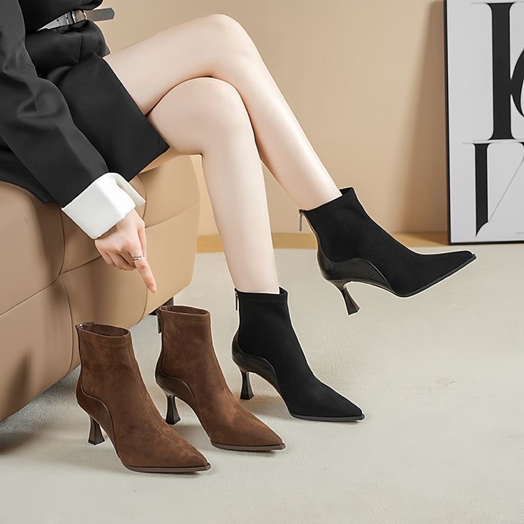 【6厘米】法式复古新款小踝靴女细跟绒面尖头拼接气质加绒短靴