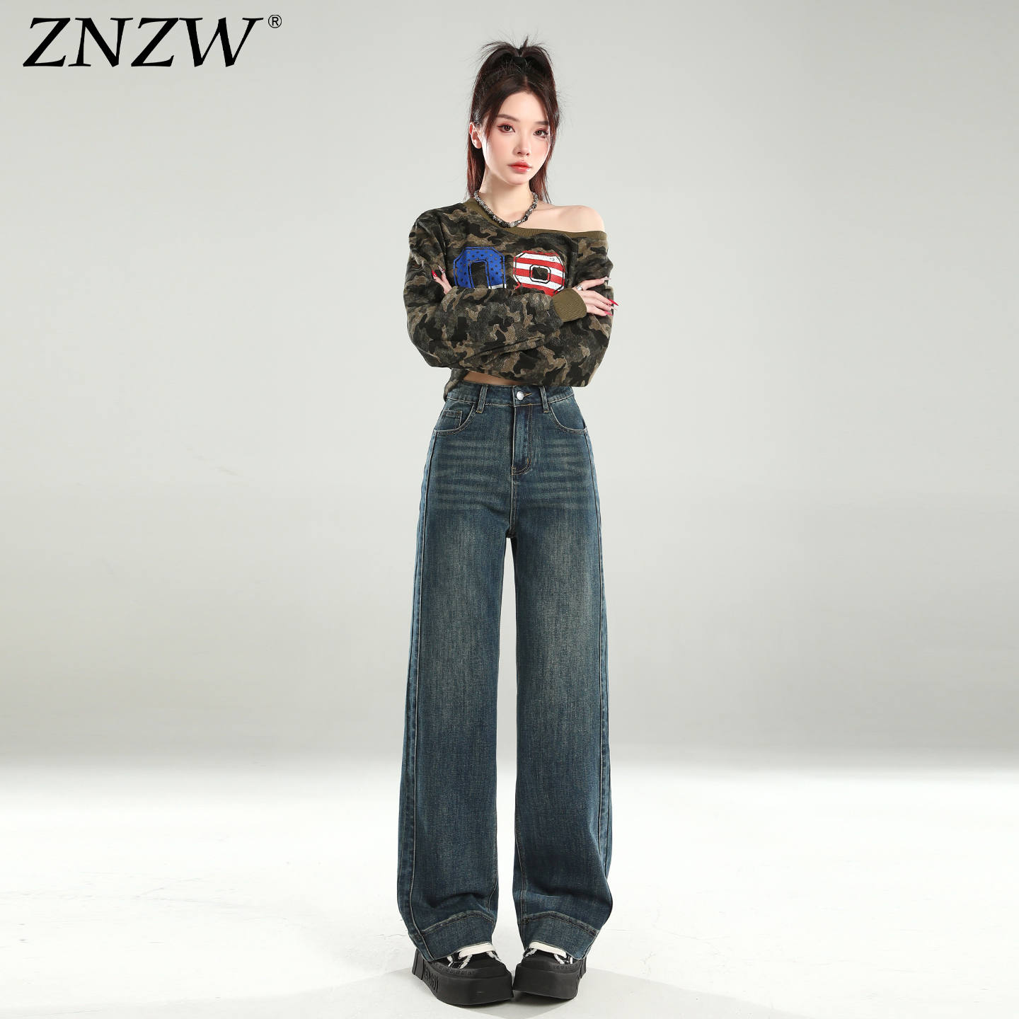 ZNZW复古蓝直筒牛仔裤女2025秋冬新款高腰显瘦百搭小个子阔腿裤女