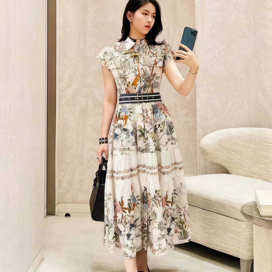夏季A字国风花卉短袖修身连衣裙-69833