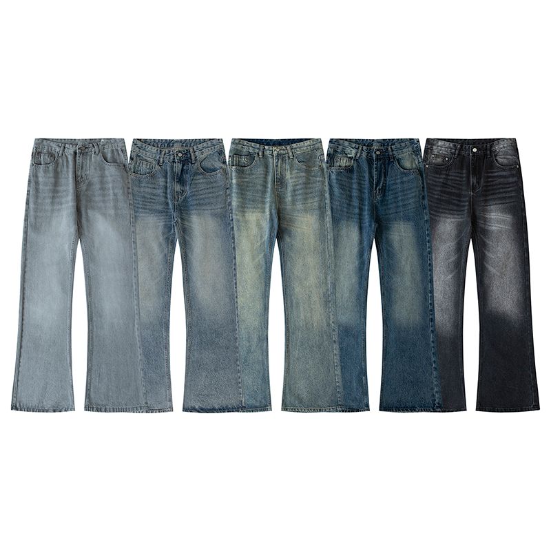 复古美式水洗猫须纹牛仔裤宽松重磅秋季男女潮流cleanfit微喇长裤