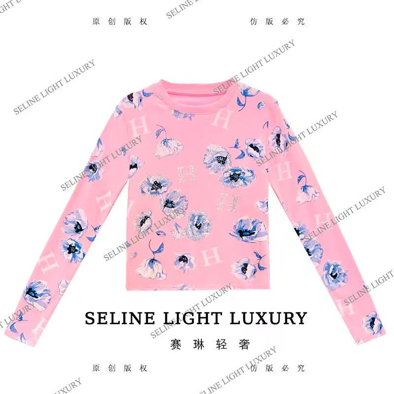 【25Q-679】 太 2025 SELINE 原创轻奢H字母蓝色玫瑰印花长袖T恤