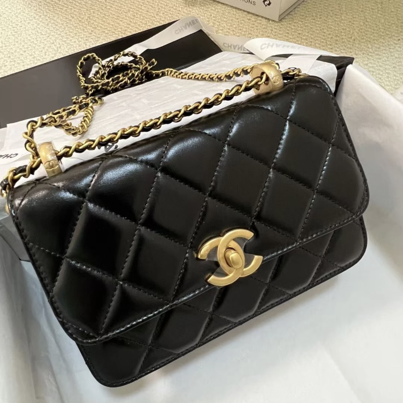99新 Chanel/香奈儿 艾瑟尔中古/21a黑金双金珠单肩包/1nle