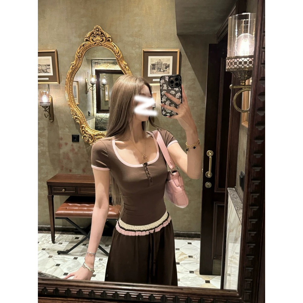 淡颜天菜 复古撞色方领短袖t恤女修身显瘦辣妹上衣夏季