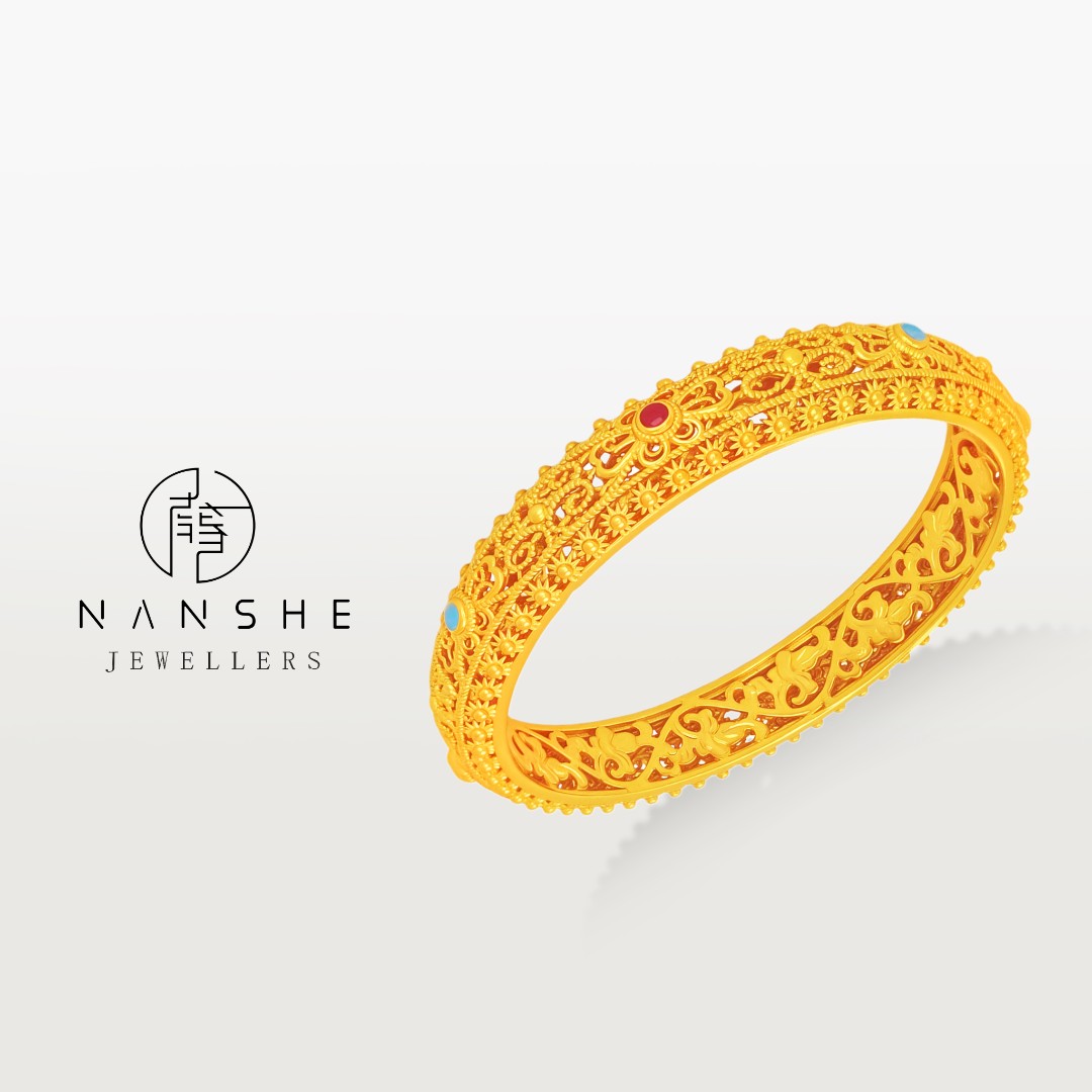 NANSHE/南奢 新中式古法宫廷风红绿花丝镂空手镯L1806
