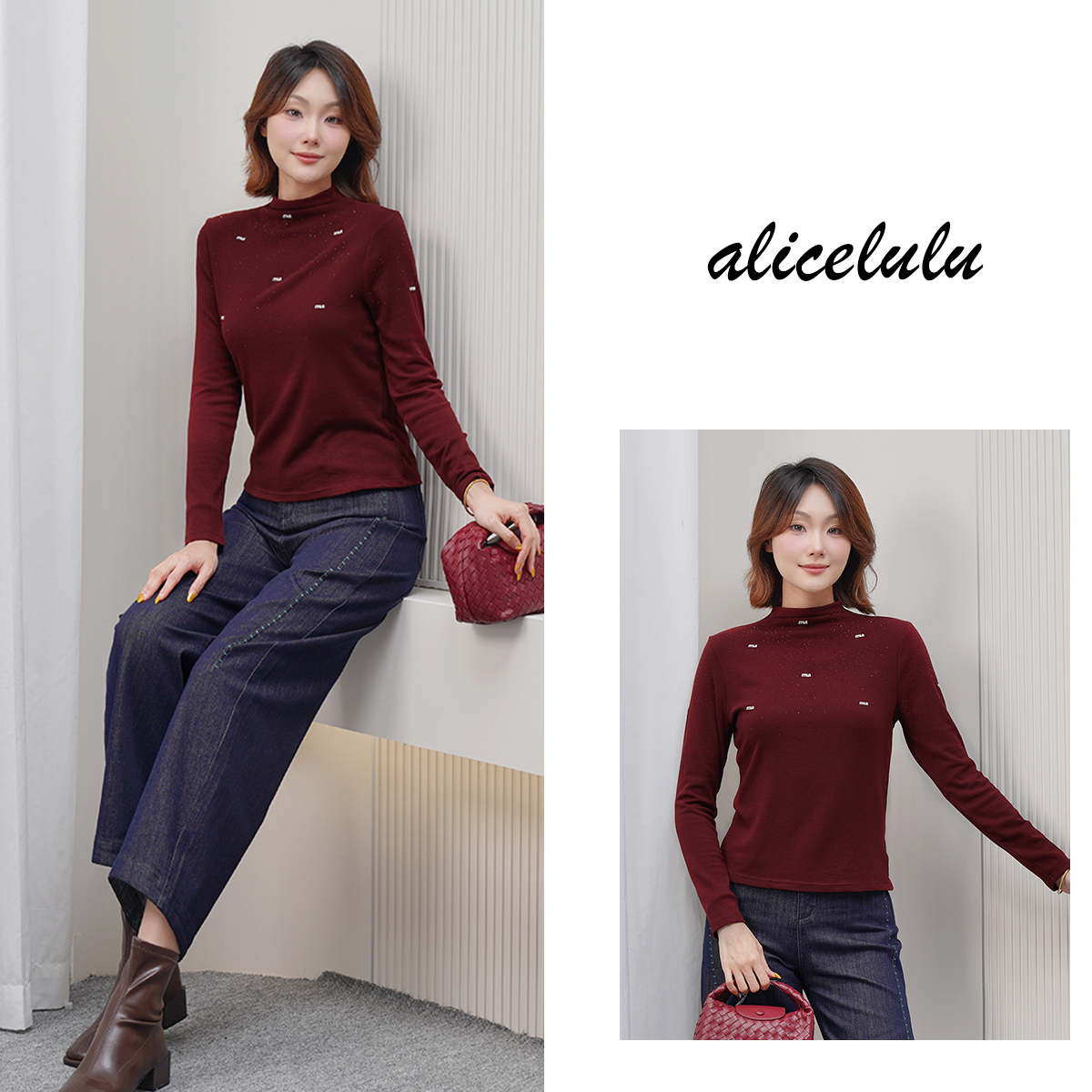 2 alicelulu 星空领域 烫钻字母半高领打底衫时尚减龄 S2144941T