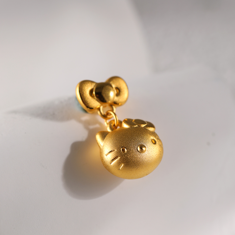 足金999蝴蝶结猫头素金3D硬金吊坠