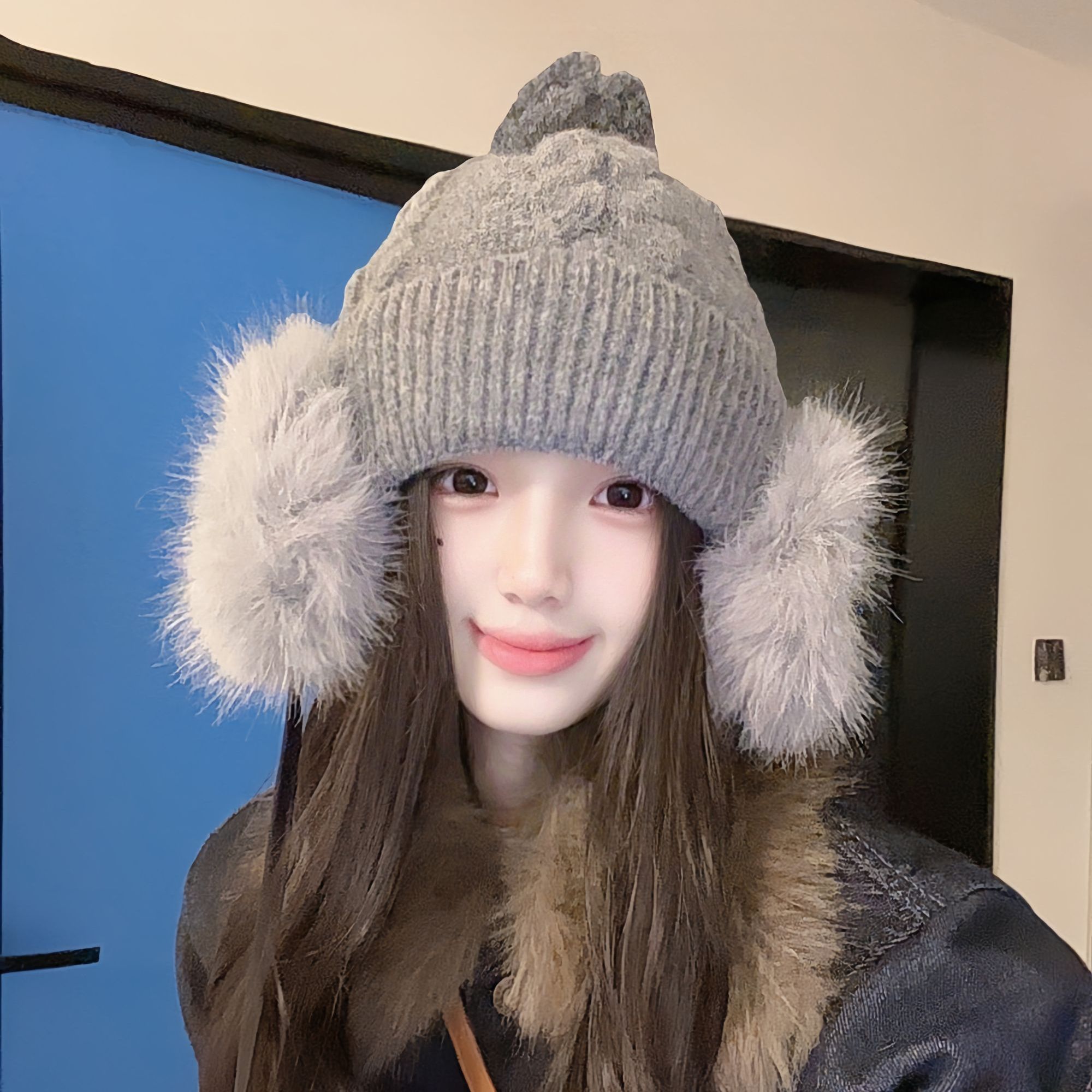 日系毛绒护耳毛线针织帽女秋冬保暖护耳显脸小韩版百搭防风毛线帽
