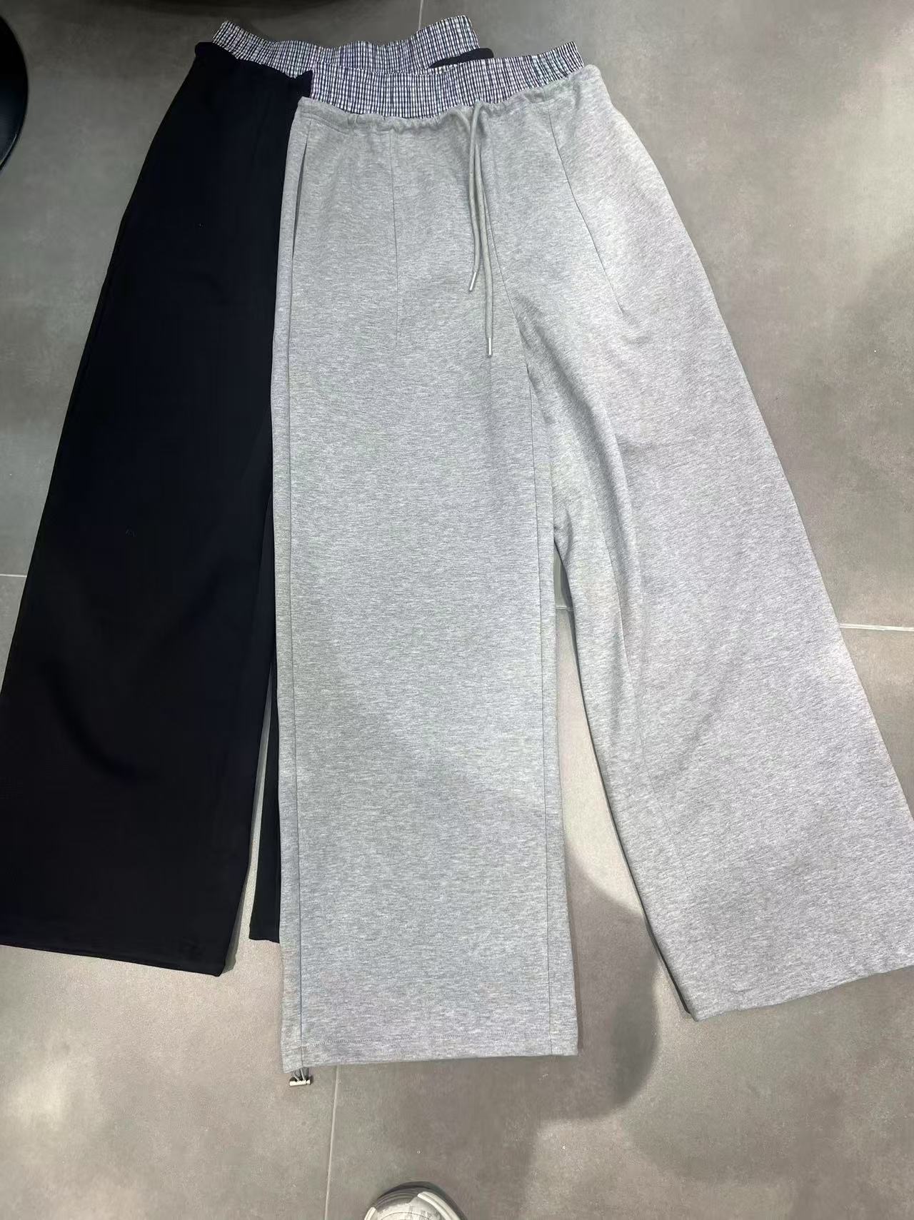 83036#欧货腰部拼接松紧腰抽绳纯色百搭显瘦直筒休闲裤女